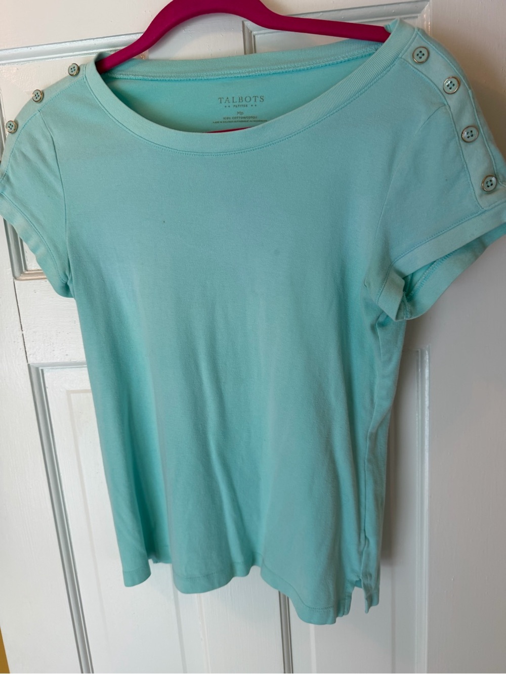 Talbots Petite Aqua Knit Top Shoulder Buttons MP Cotton Blend